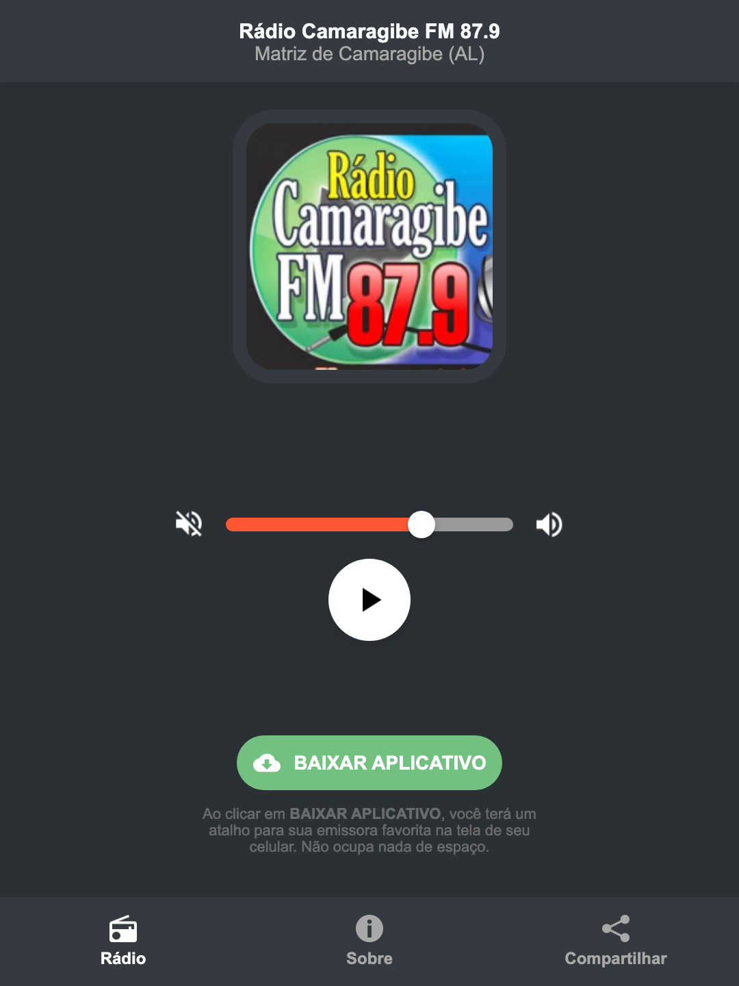 Screenshot do aplicativo da Rádio Camaragibe FM 87.9