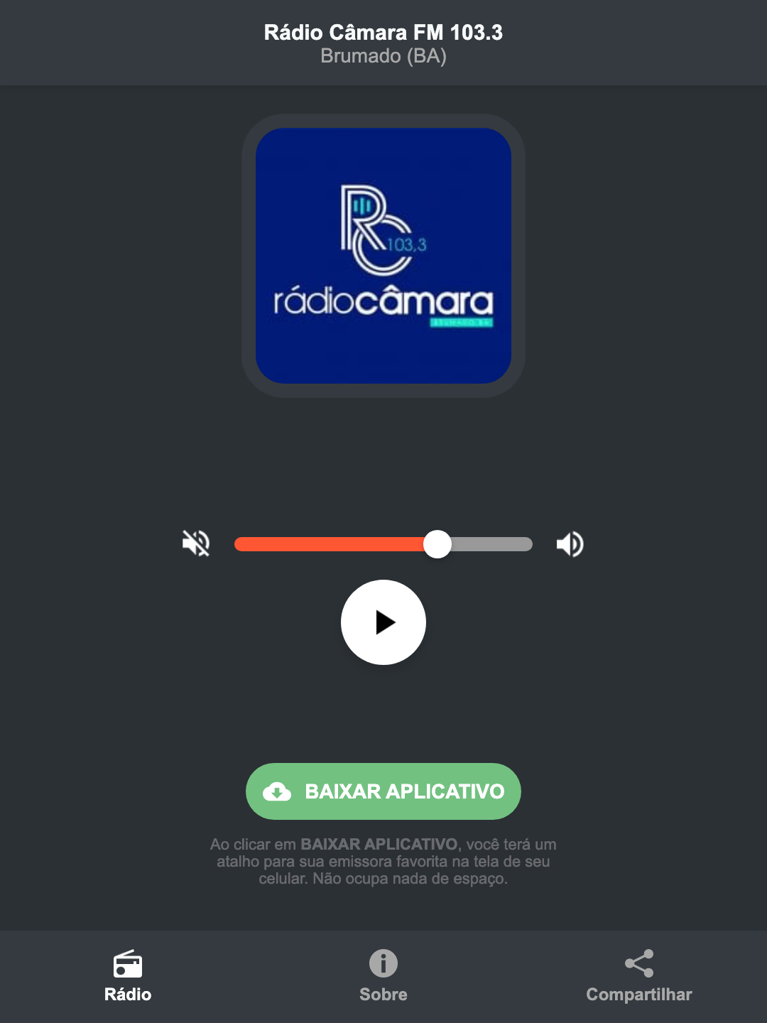Screenshot do aplicativo da Rádio Câmara FM 103.3