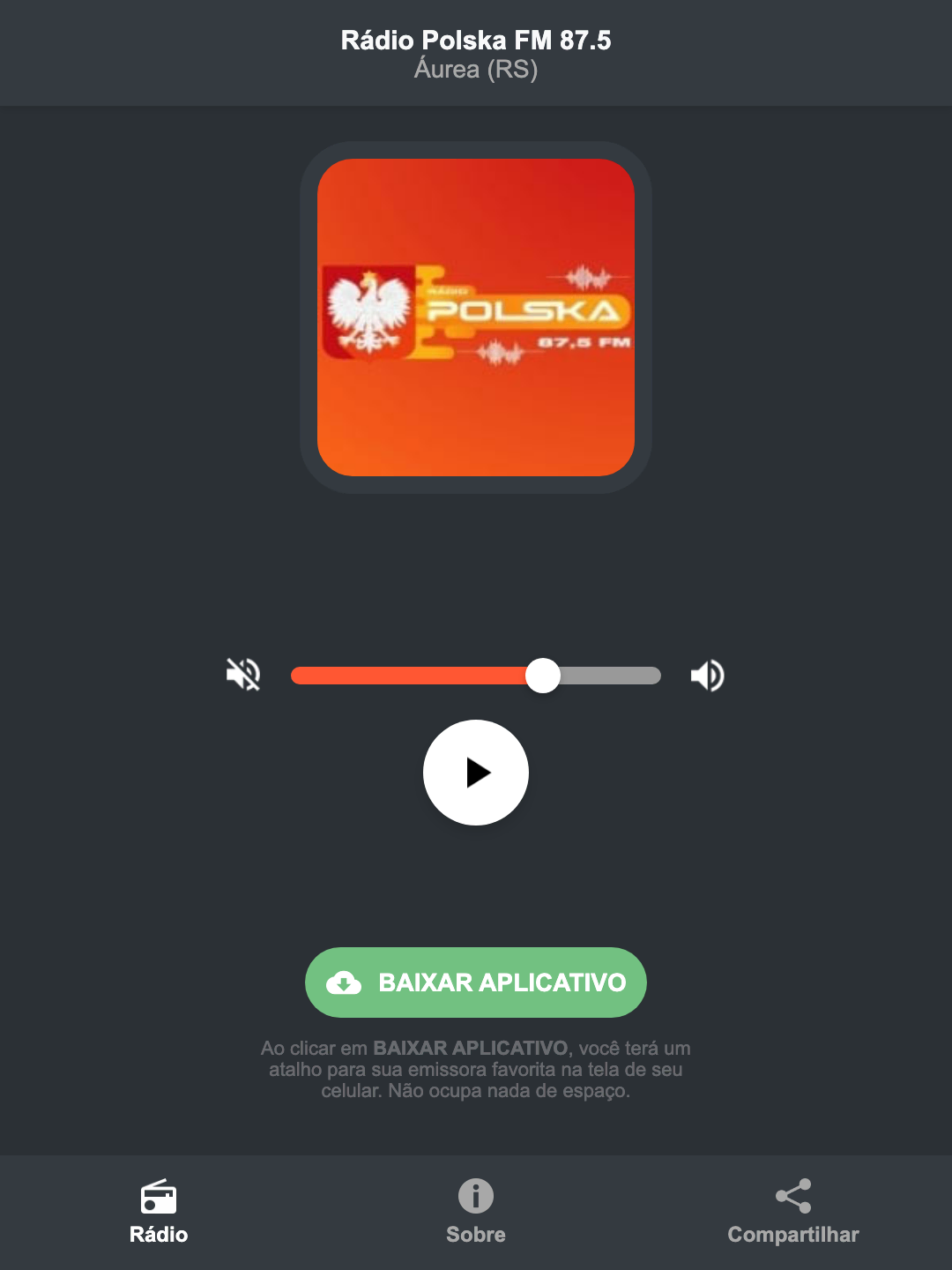 Screenshot do aplicativo da Rádio Polska FM 87.5