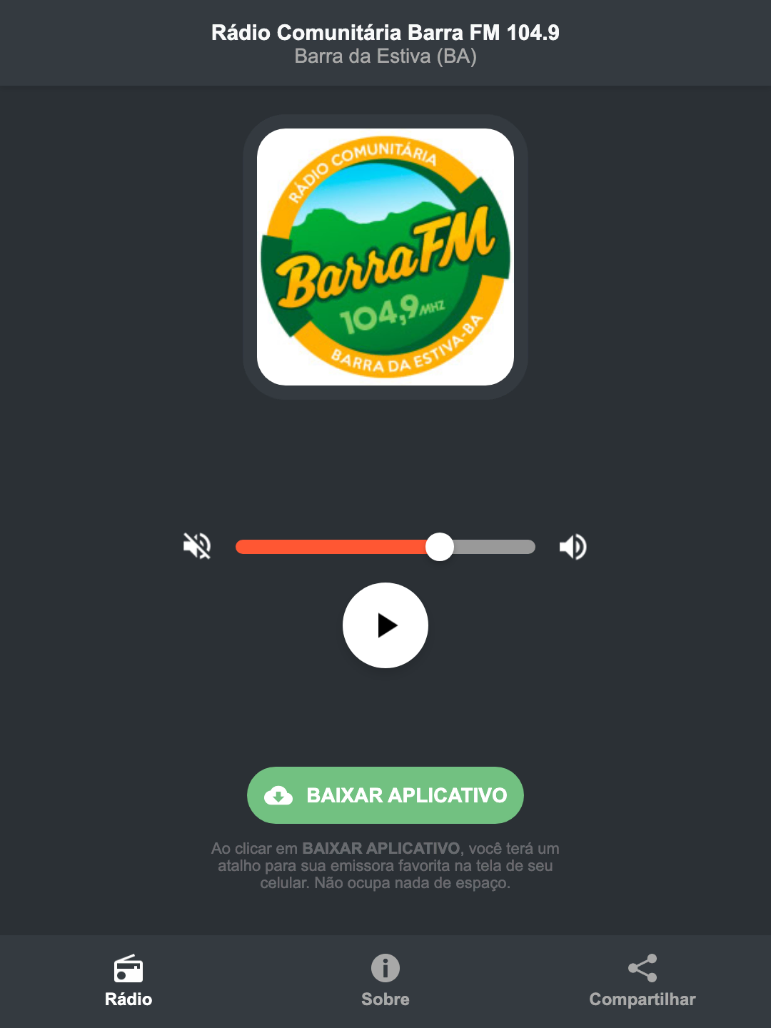 Screenshot do aplicativo da Rádio Comunitária Barra FM 104.9