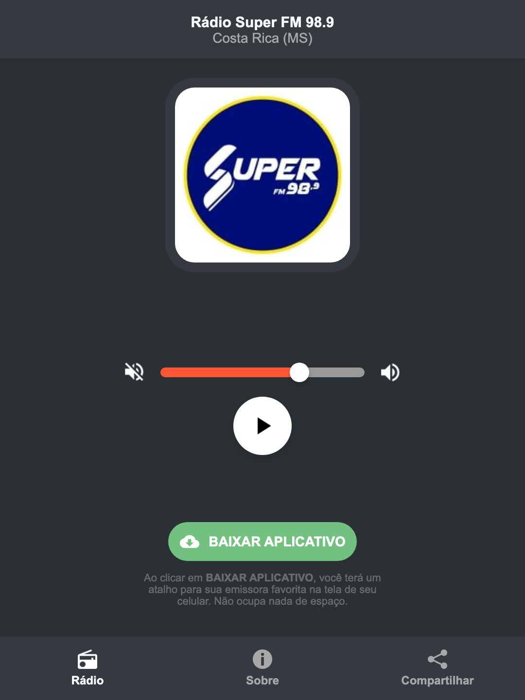 Screenshot do aplicativo da Rádio Super FM 98.9