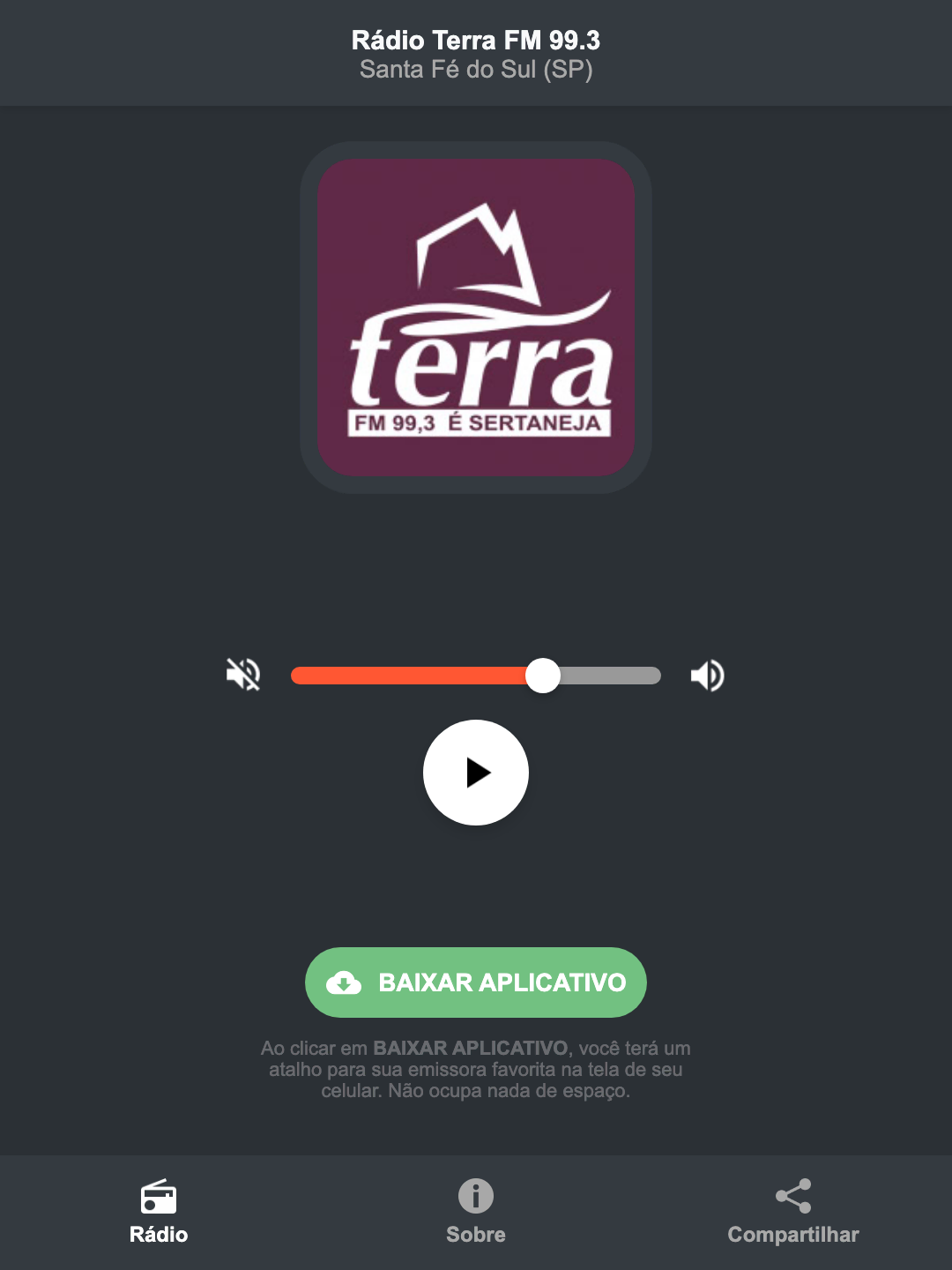 Screenshot do aplicativo da Rádio Terra FM 99.3