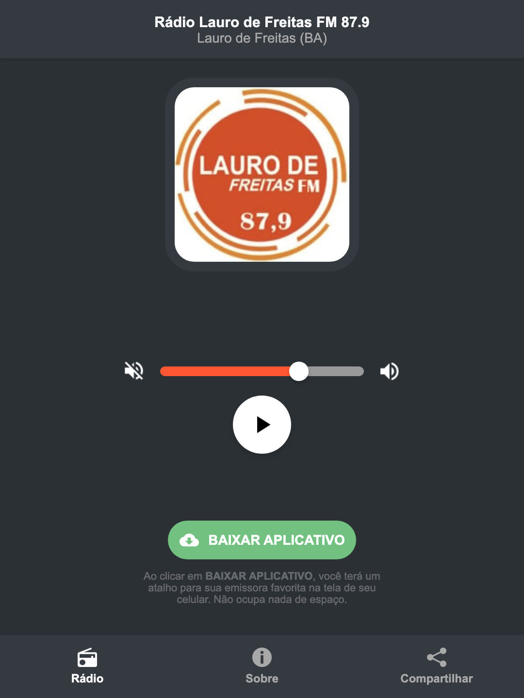Screenshot do aplicativo da Rádio Lauro de Freitas FM 87.9