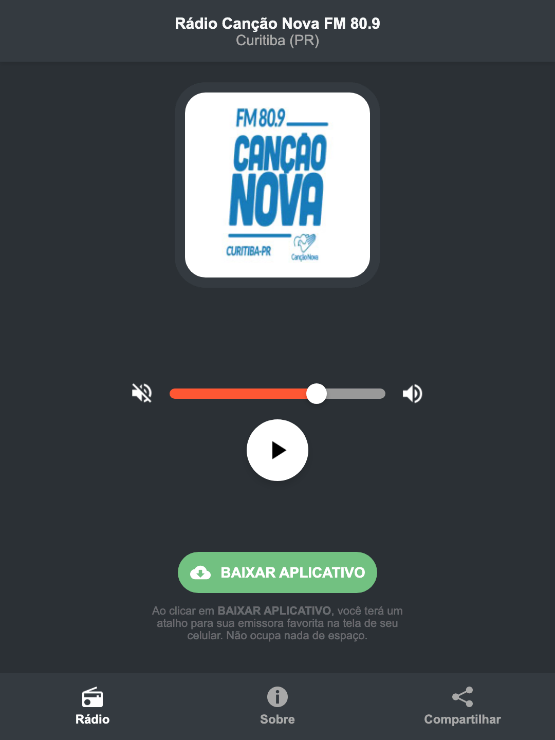 Screenshot do aplicativo da Rádio Canção Nova FM 80.9