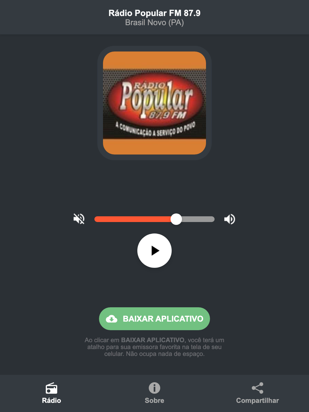 Screenshot do aplicativo da Rádio Popular FM 87.9