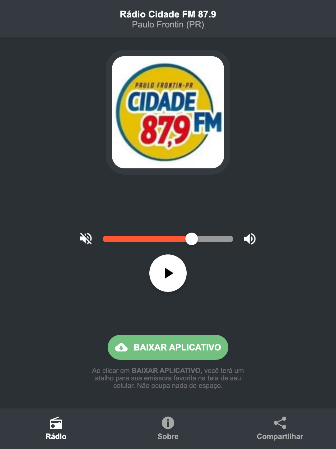Screenshot do aplicativo da Rádio Cidade FM 87.9