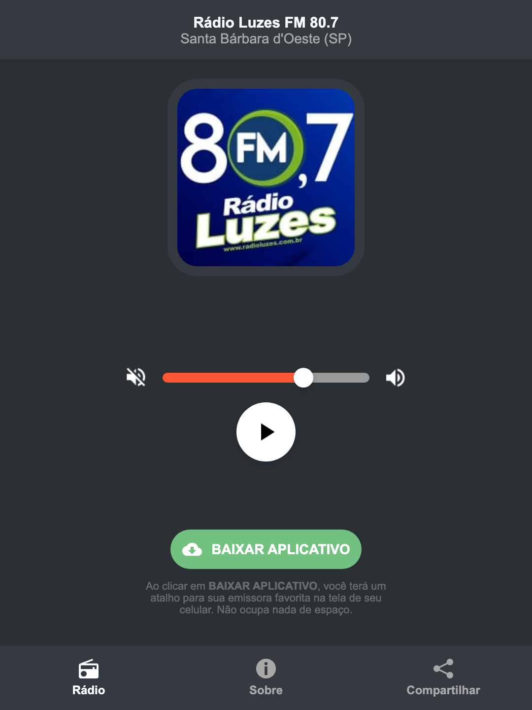 Screenshot do aplicativo da Rádio Luzes FM 80.7