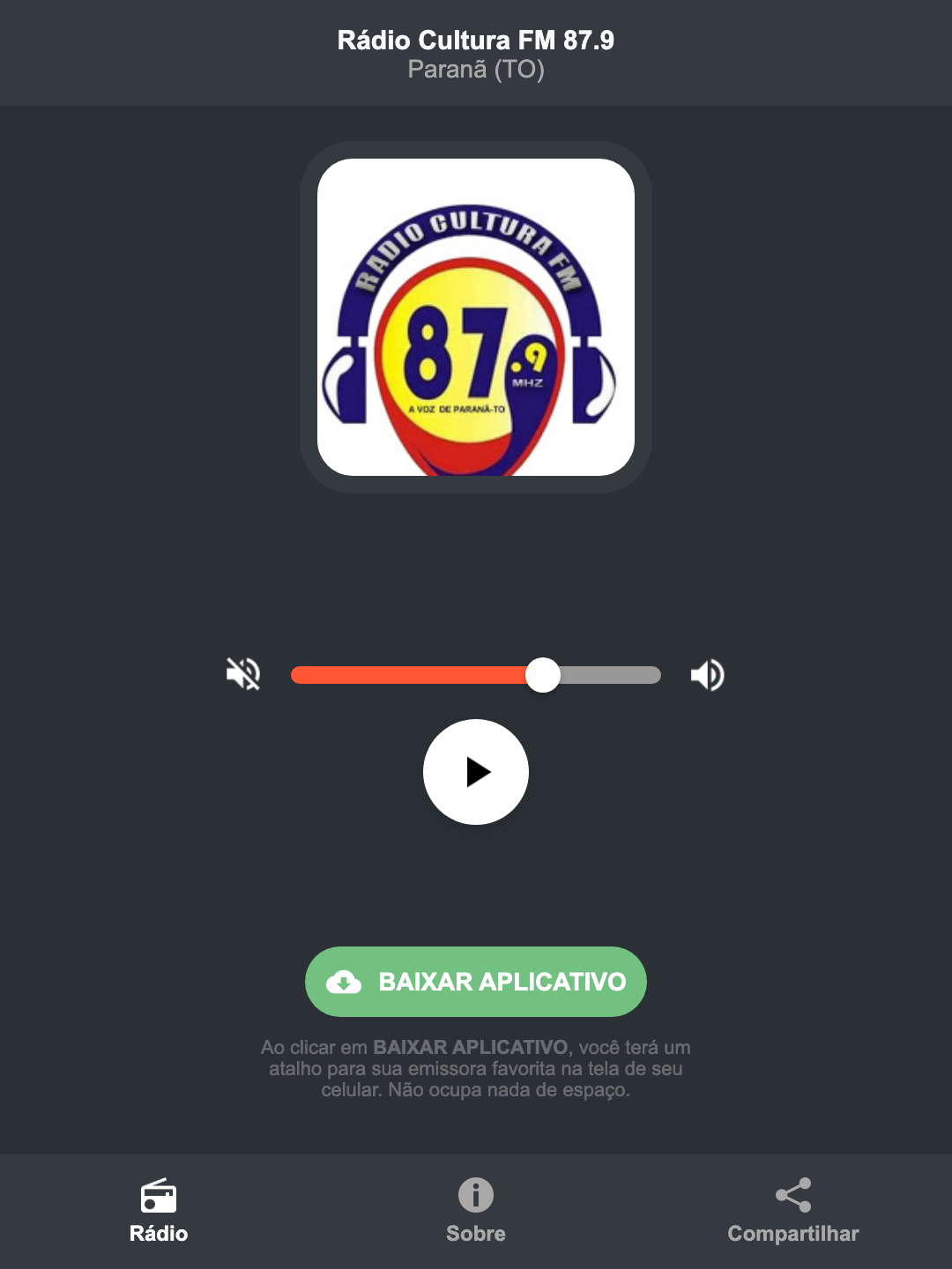 Screenshot do aplicativo da Rádio Cultura FM 87.9