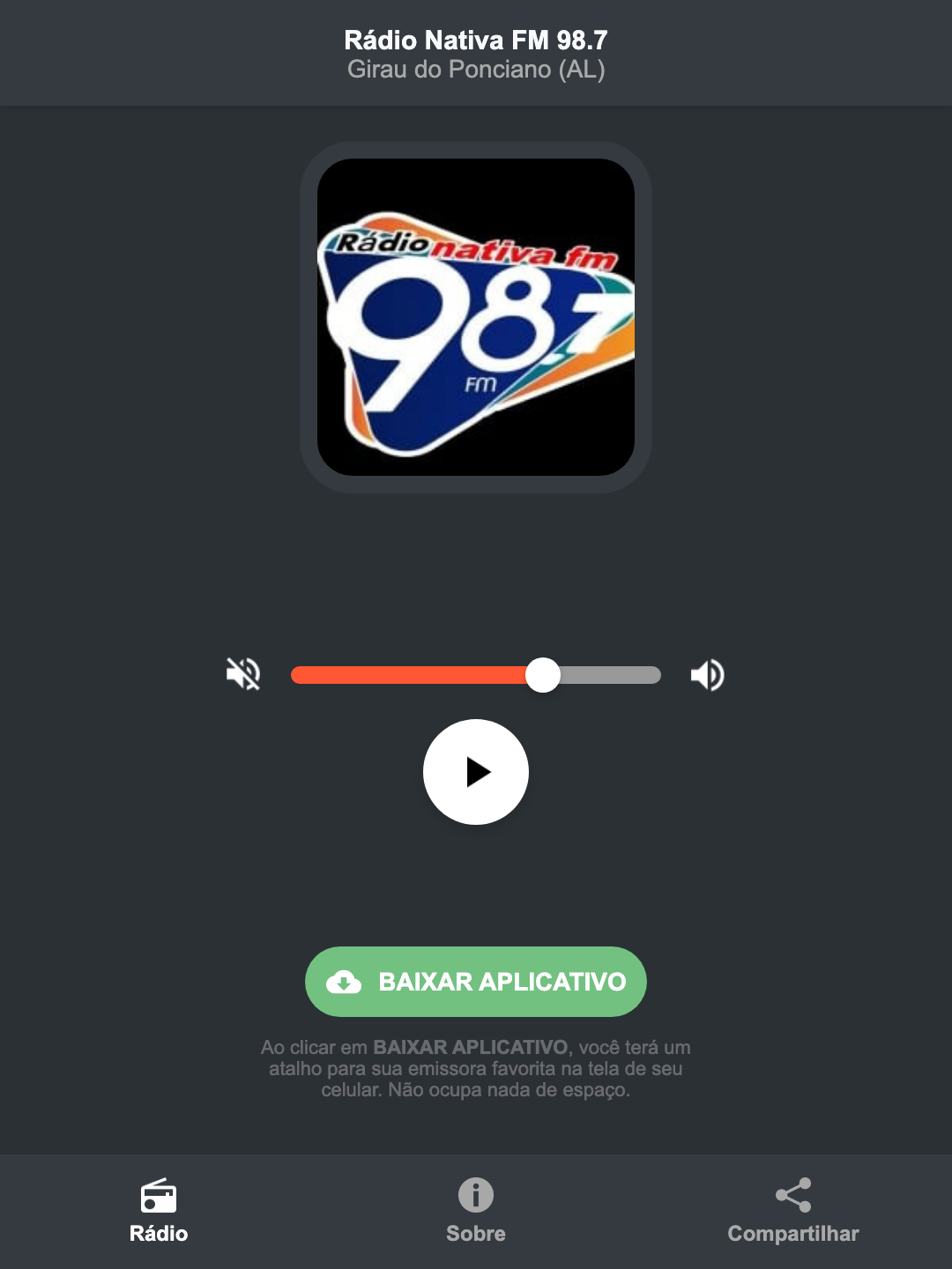 Screenshot do aplicativo da Rádio Nativa FM 98.7