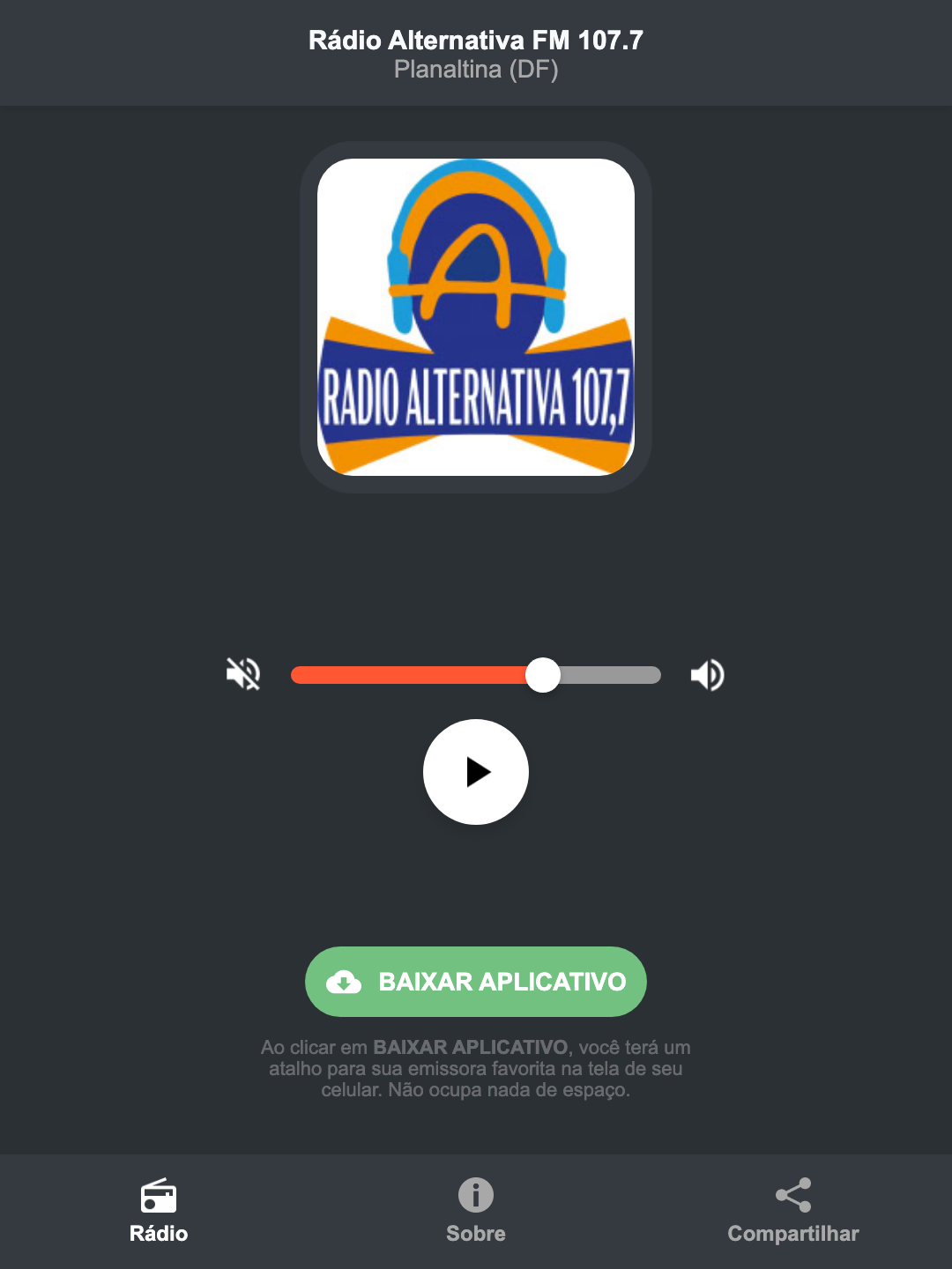 Screenshot do aplicativo da Rádio Alternativa FM 107.7
