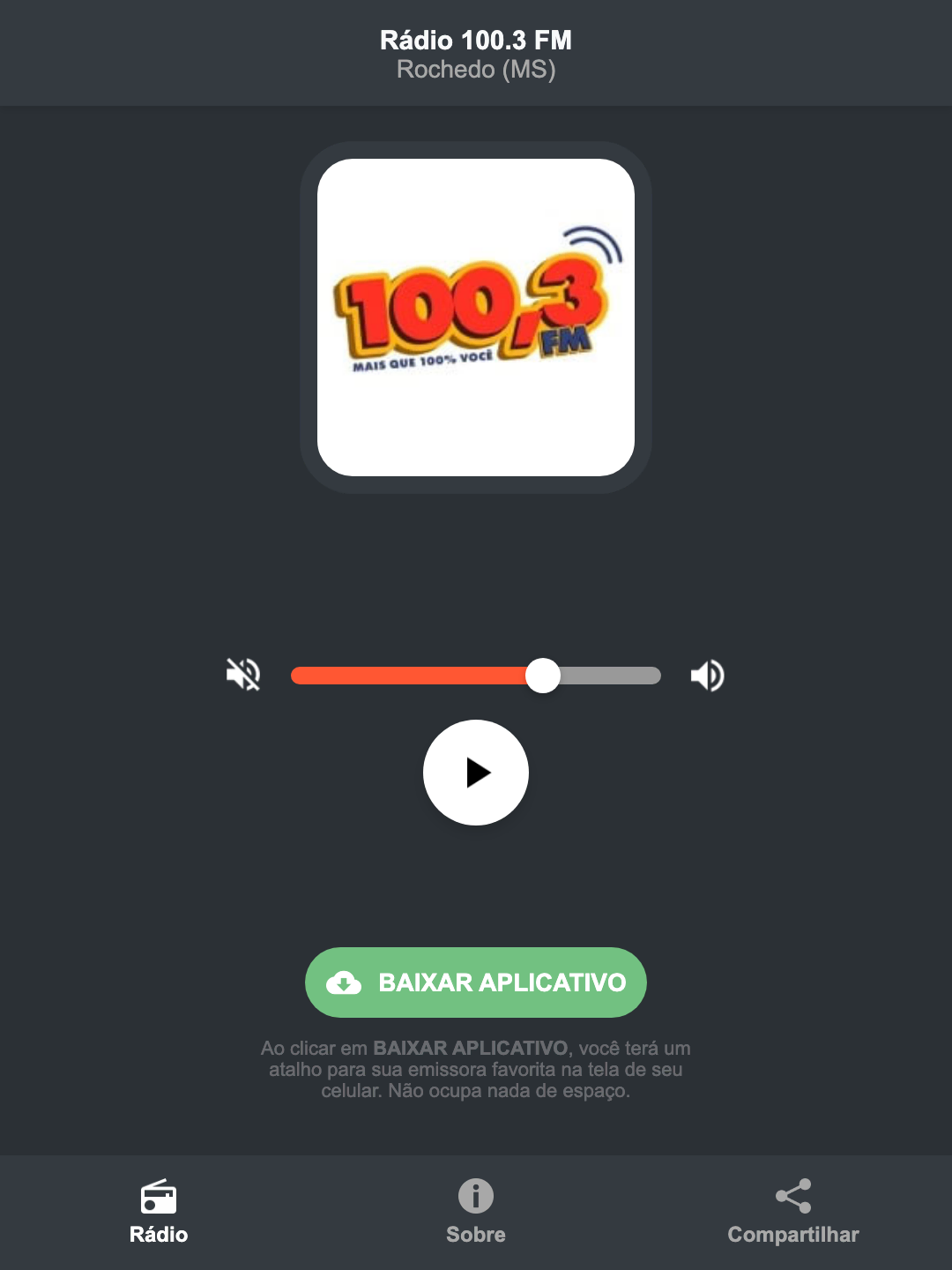 Screenshot do aplicativo da Rádio 100.3 FM