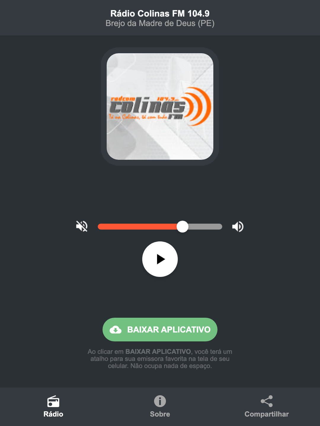 Screenshot do aplicativo da Rádio Colinas FM 104.9