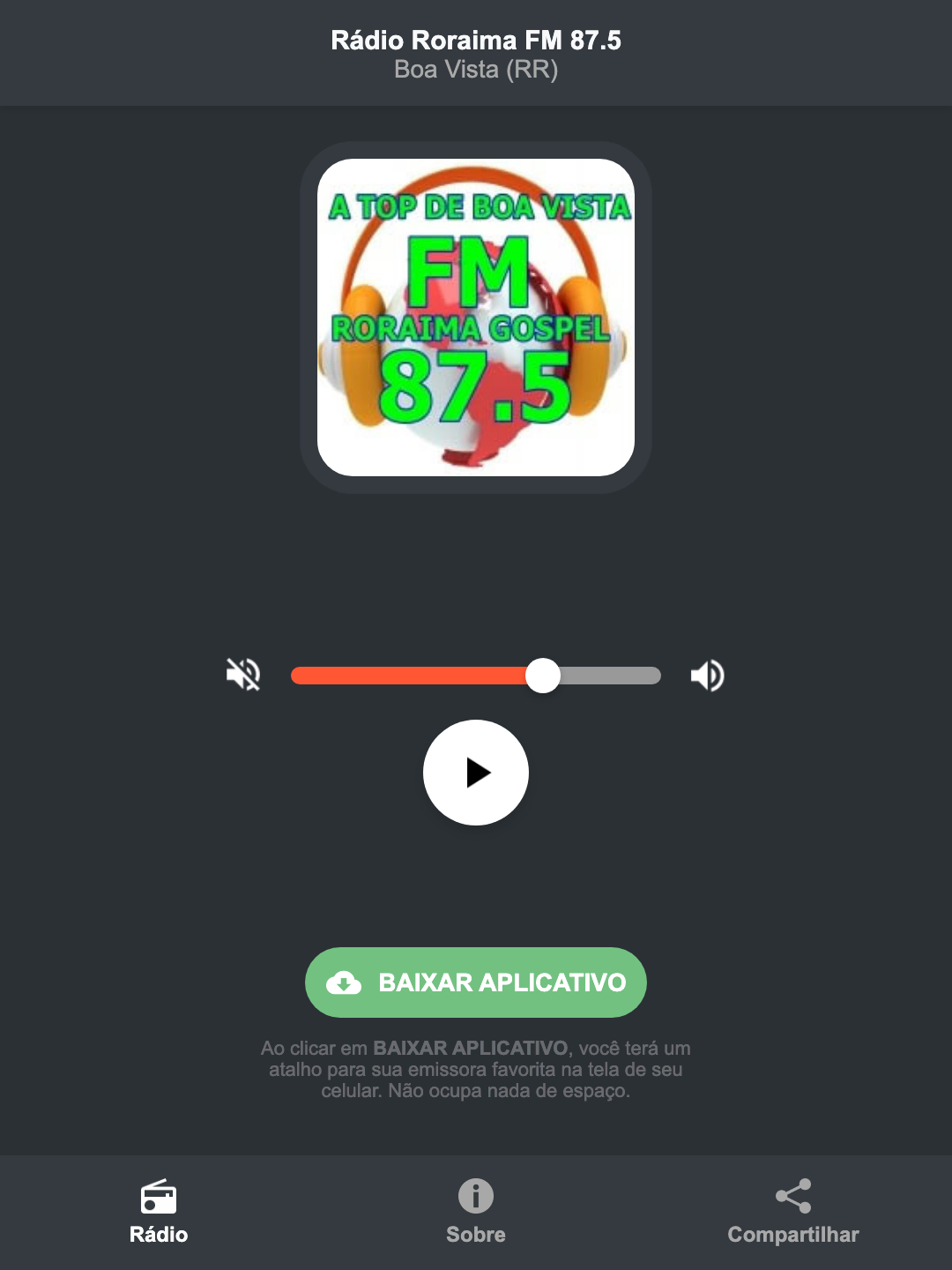 Screenshot do aplicativo da Rádio Roraima FM 87.5