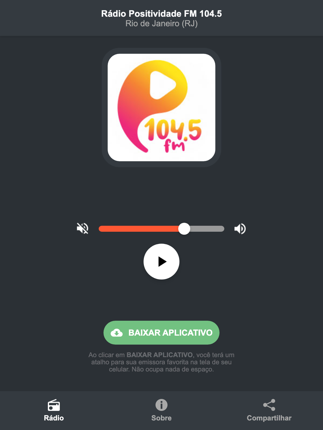 Screenshot do aplicativo da Rádio Positividade FM 104.5