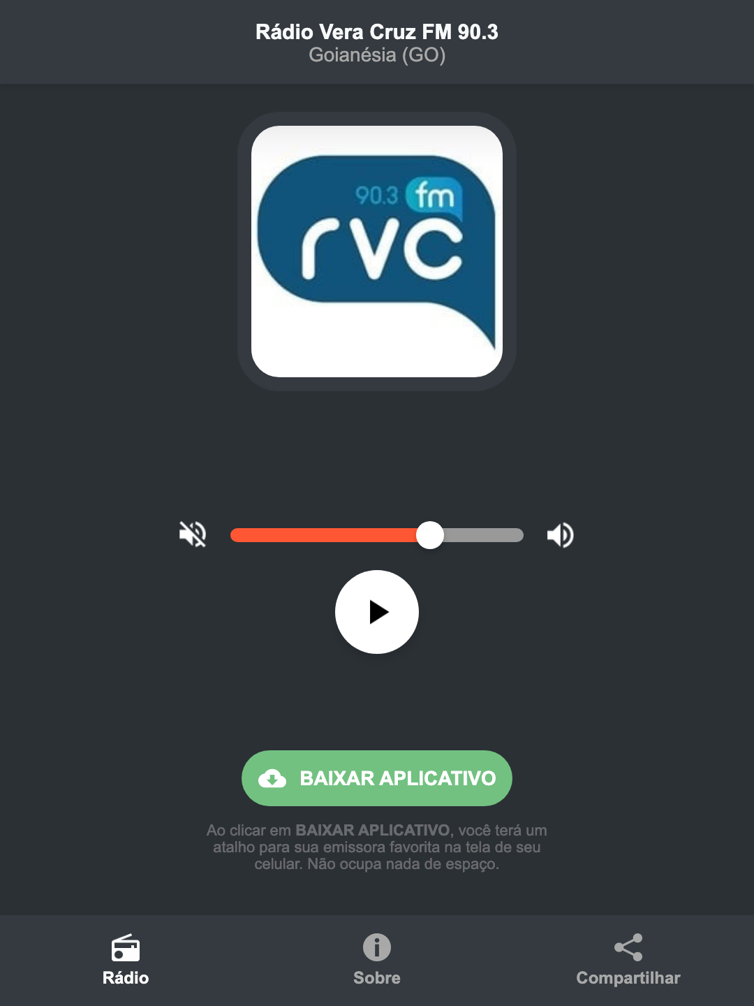 Screenshot do aplicativo da Rádio Vera Cruz FM 90.3