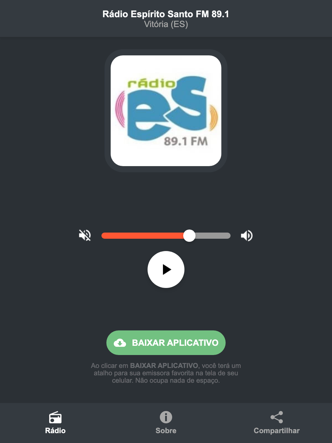 Screenshot do aplicativo da Rádio Espírito Santo FM 89.1