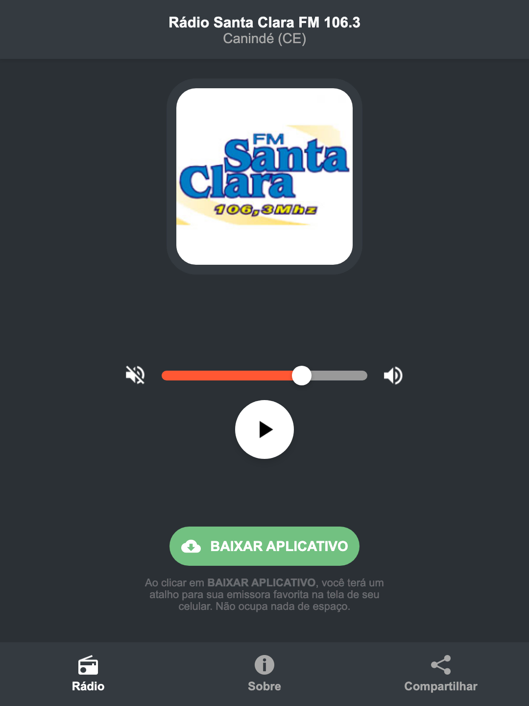 Screenshot do aplicativo da Rádio Santa Clara FM 106.3