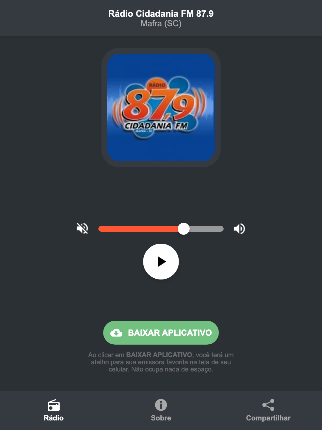 Screenshot do aplicativo da Rádio Cidadania FM 87.9