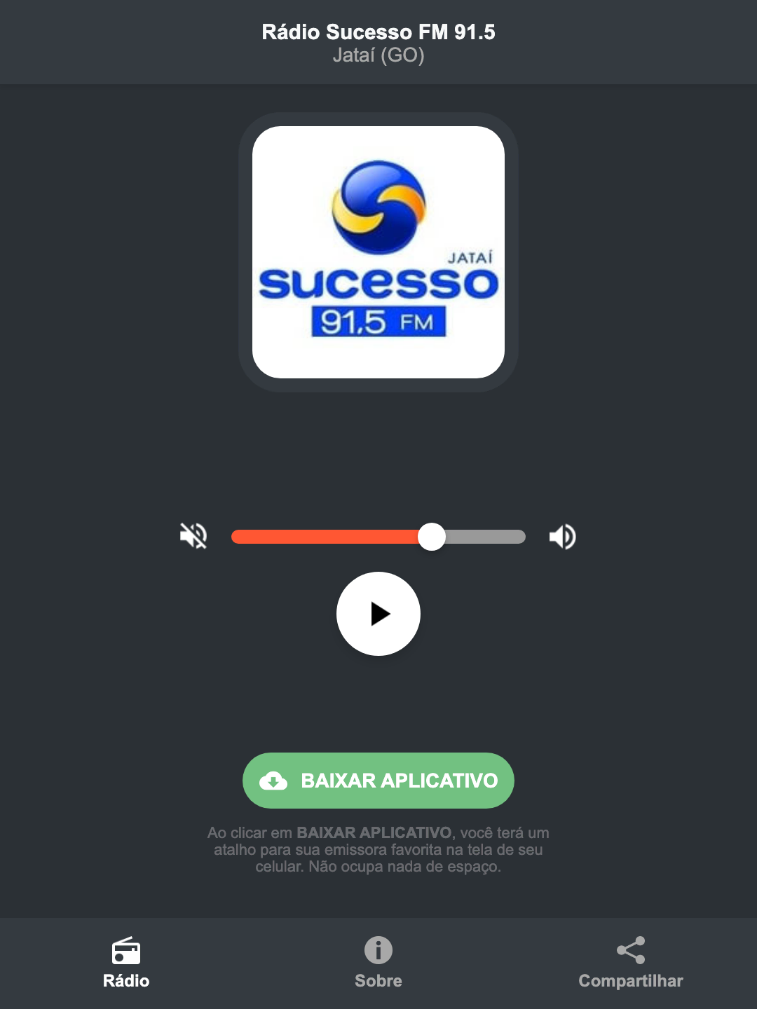 Screenshot do aplicativo da Rádio Sucesso FM 91.5