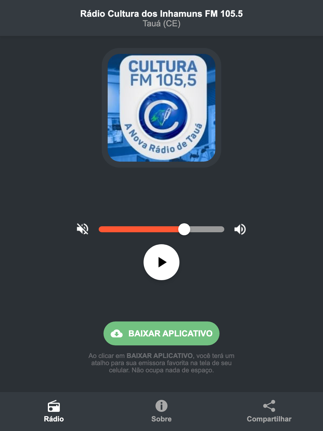 Screenshot do aplicativo da Rádio Cultura dos Inhamuns FM 105.5