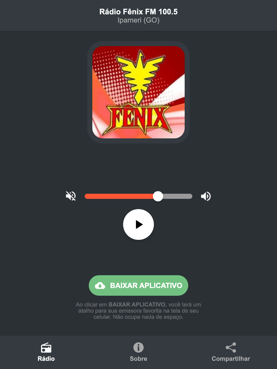 Screenshot do aplicativo da Rádio Fênix FM 100.5