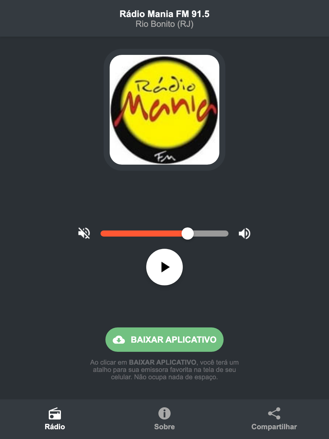 Screenshot do aplicativo da Rádio Mania FM 91.5