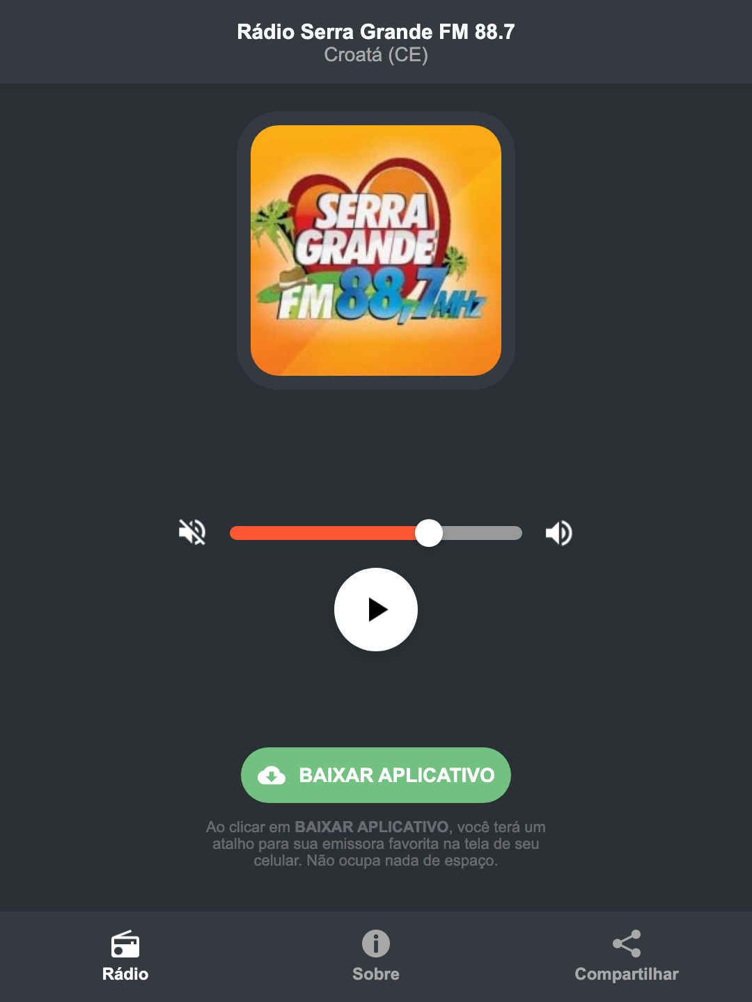 Screenshot do aplicativo da Rádio Serra Grande FM 88.7