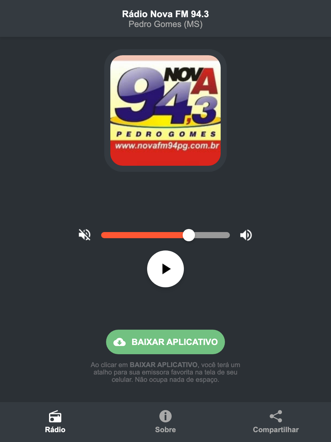 Screenshot do aplicativo da Rádio Nova FM 94.3