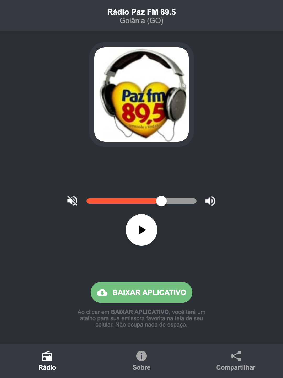 Screenshot do aplicativo da Rádio Paz FM 89.5