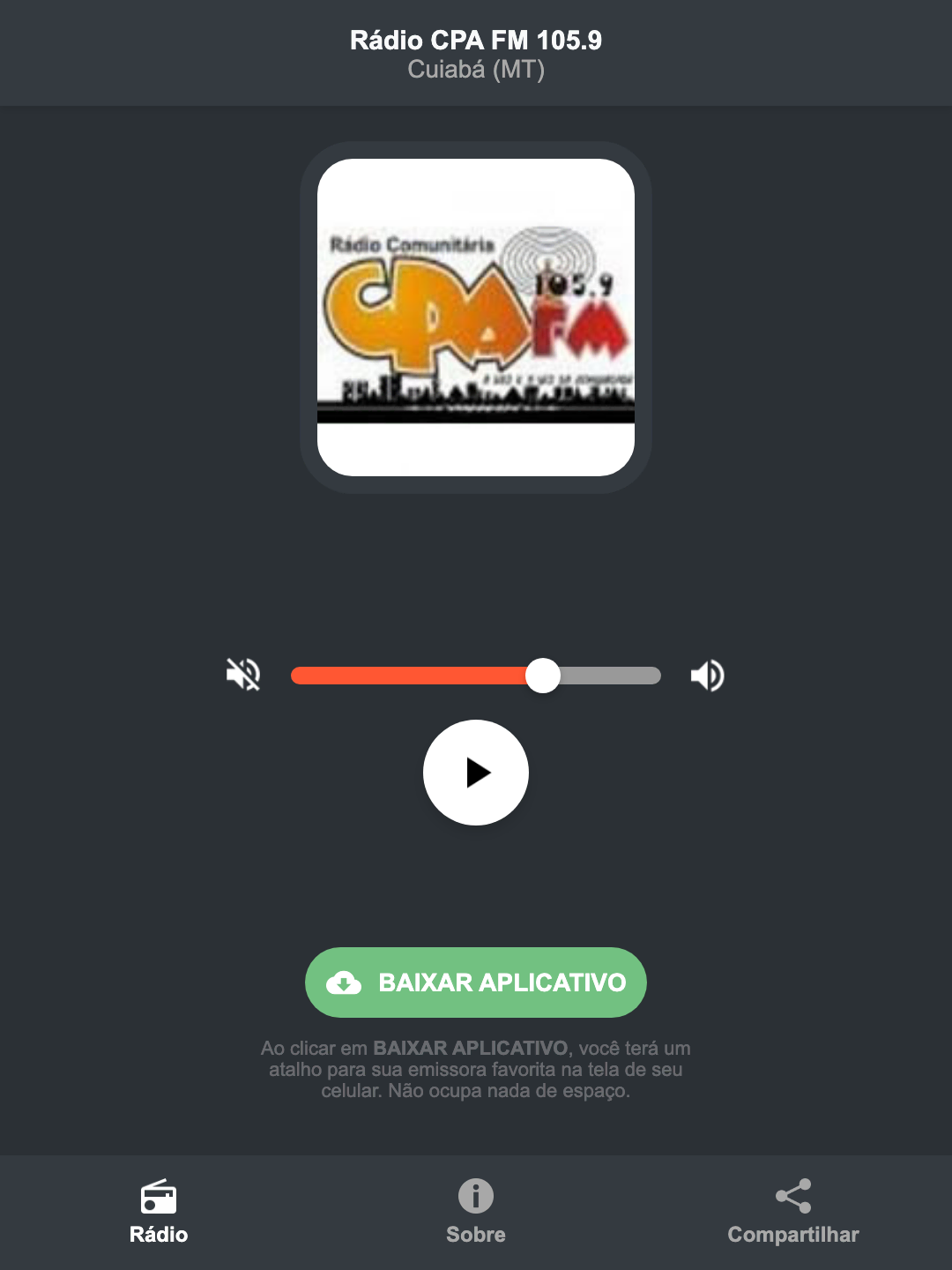 Screenshot do aplicativo da Rádio CPA FM 105.9