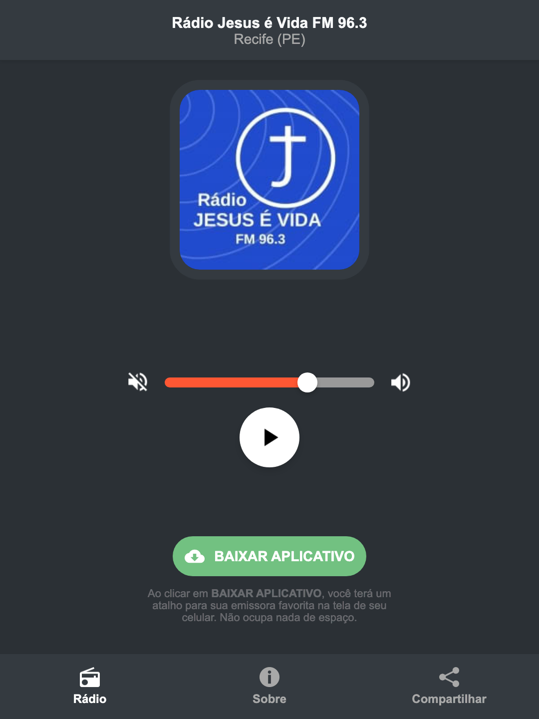 Screenshot do aplicativo da Rádio Jesus é Vida FM 96.3
