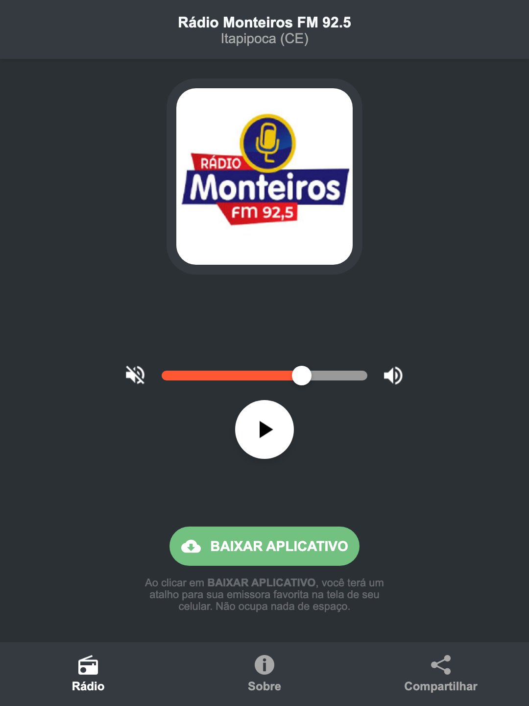 Screenshot do aplicativo da Rádio Monteiros FM 92.5