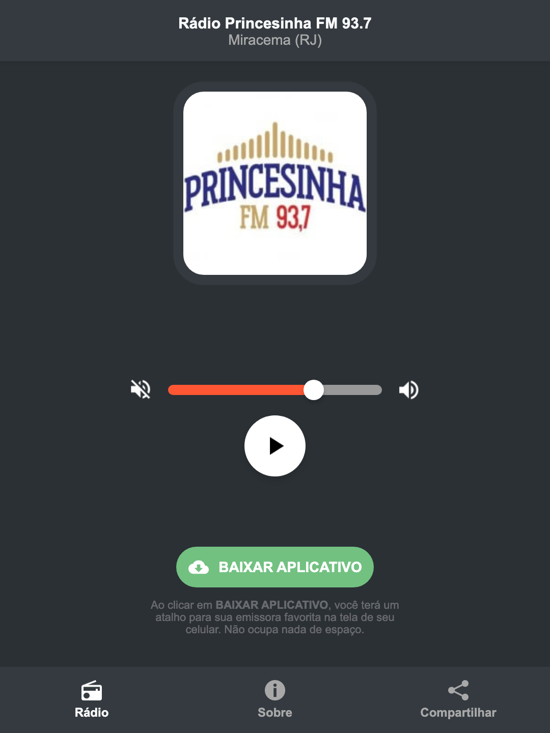 Screenshot do aplicativo da Rádio Princesinha FM 93.7