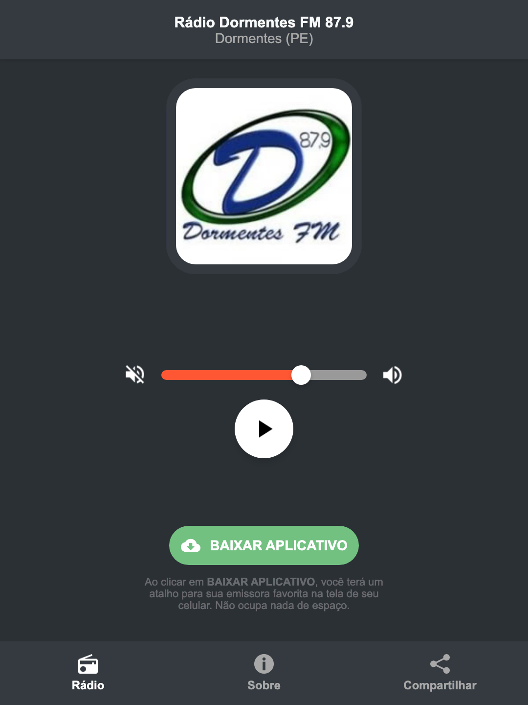 Screenshot do aplicativo da Rádio Dormentes FM 87.9