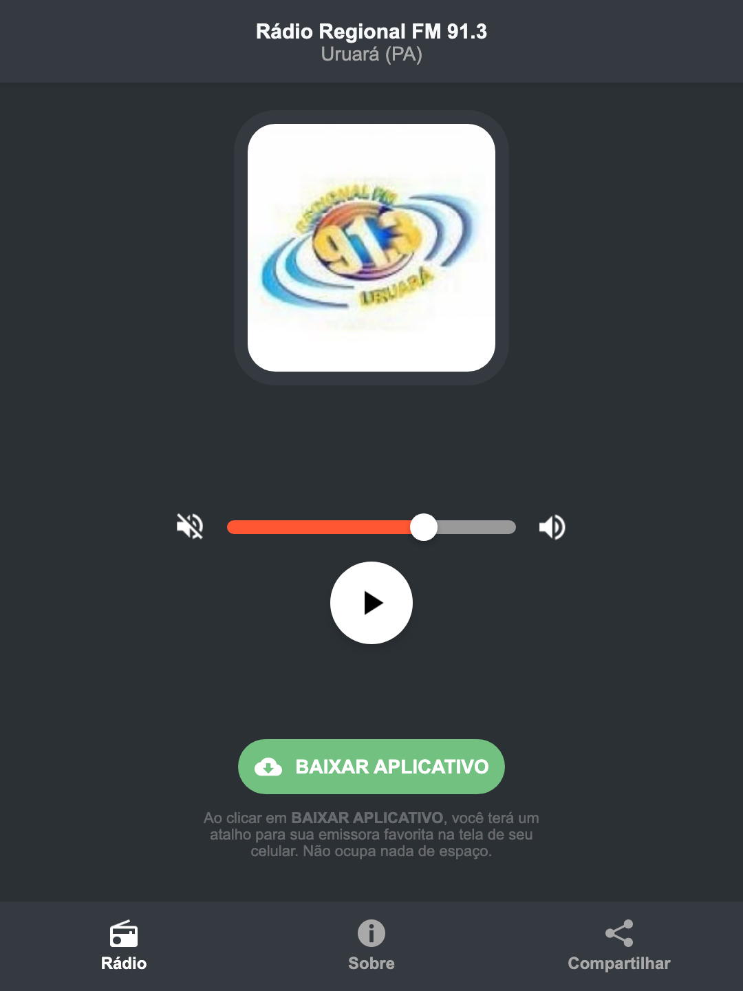 Screenshot do aplicativo da Rádio Regional FM 91.3