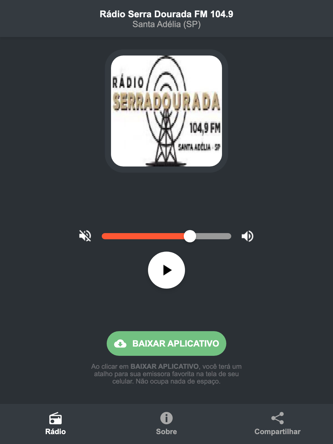Screenshot do aplicativo da Rádio Serra Dourada FM 104.9
