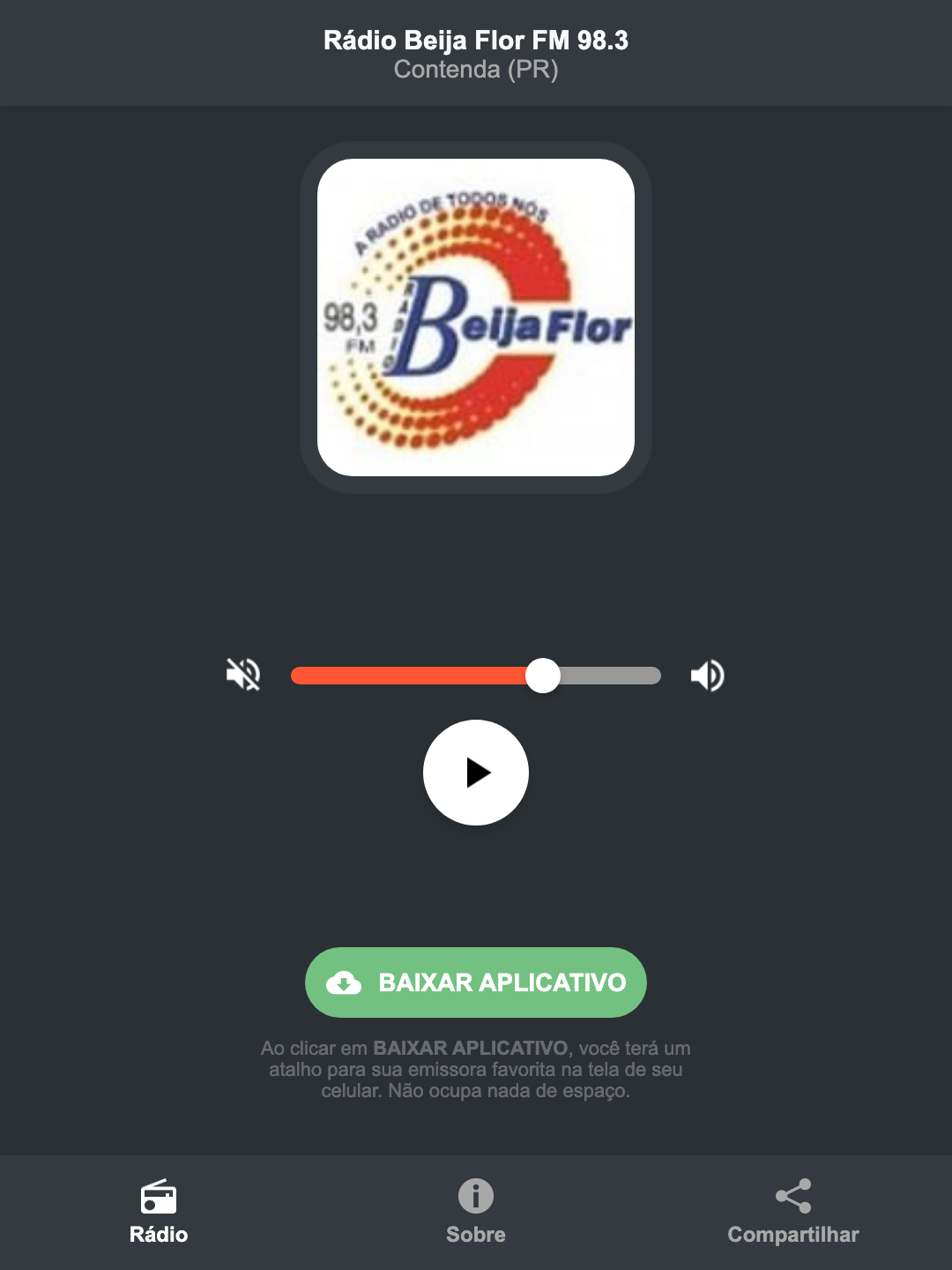 Screenshot do aplicativo da Rádio Beija Flor FM 98.3