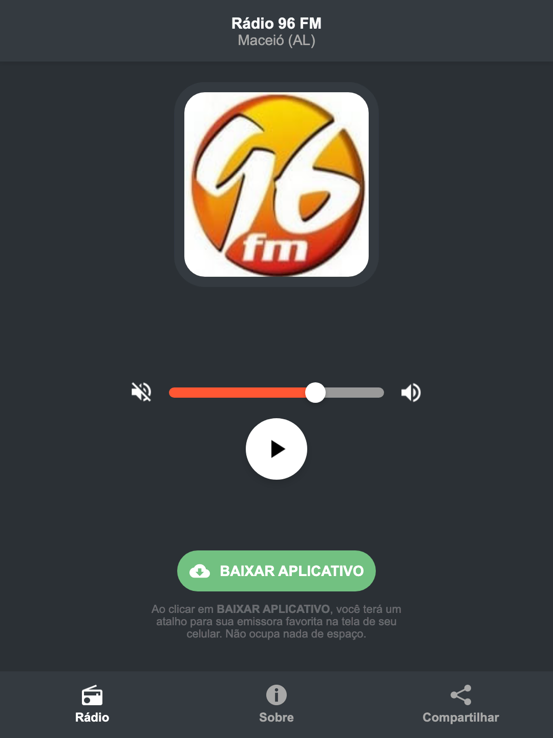 Screenshot do aplicativo da Rádio 96 FM
