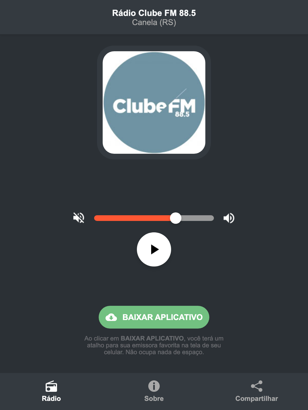Screenshot do aplicativo da Rádio Clube FM 88.5