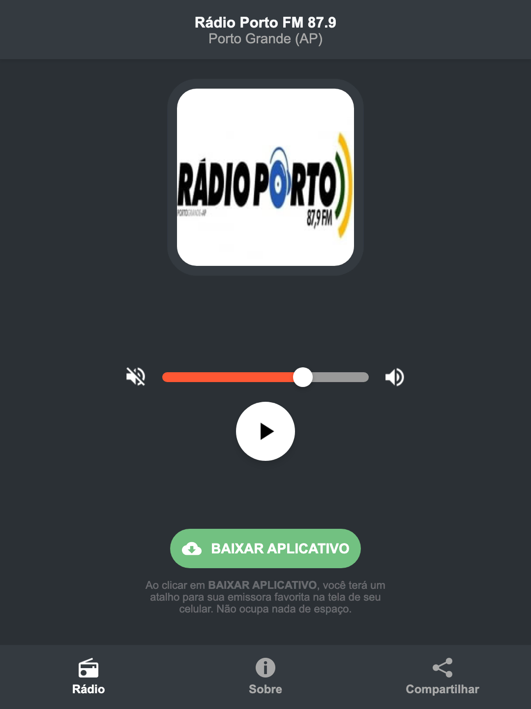 Screenshot do aplicativo da Rádio Porto FM 87.9