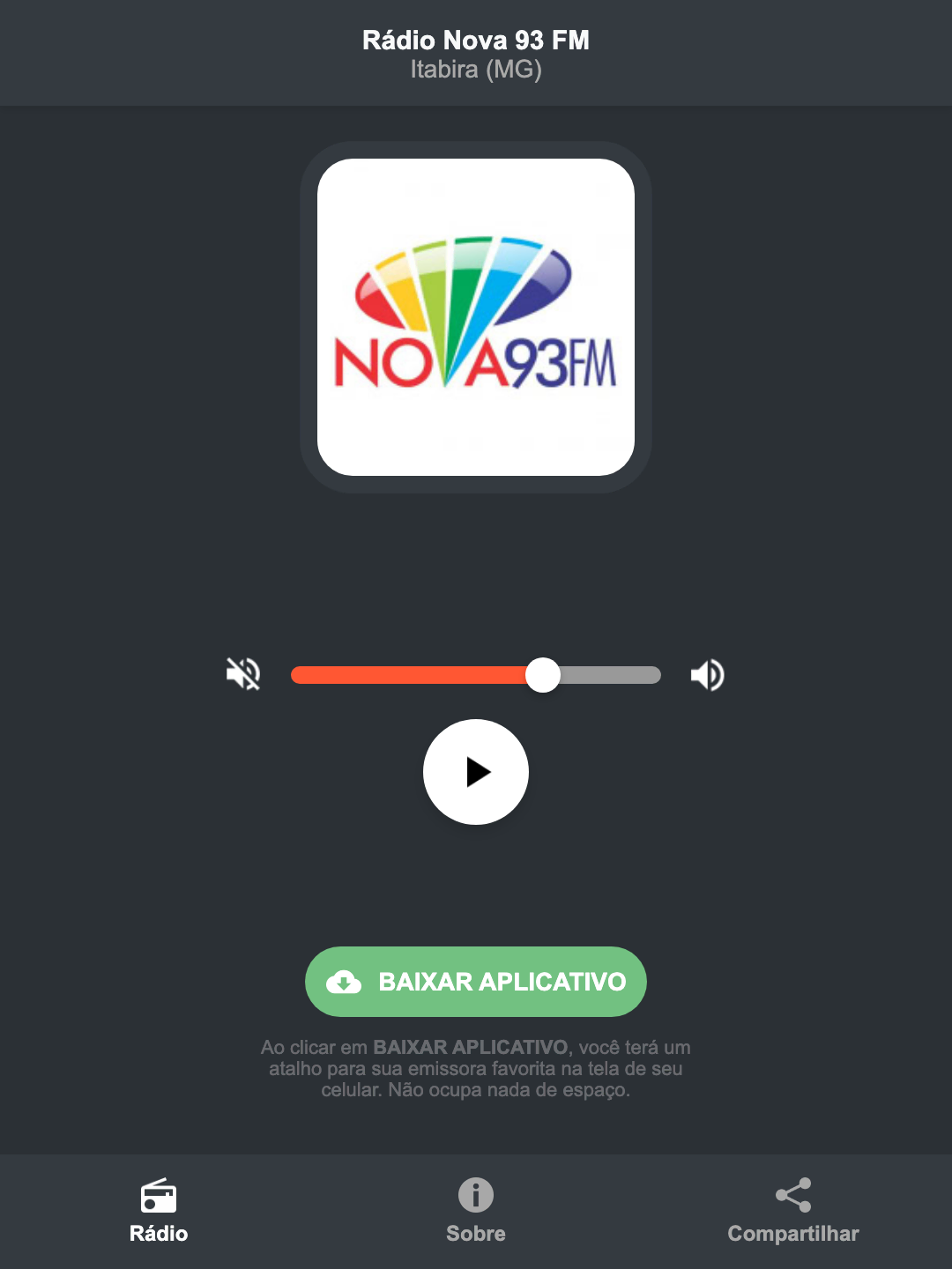 Screenshot do aplicativo da Rádio Nova 93 FM