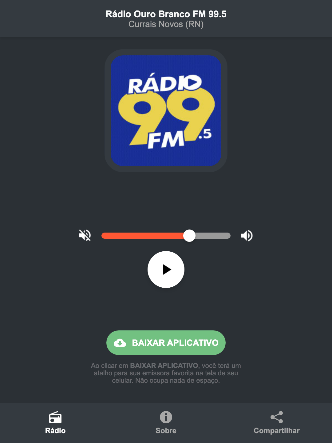 Screenshot do aplicativo da Rádio Ouro Branco FM 99.5