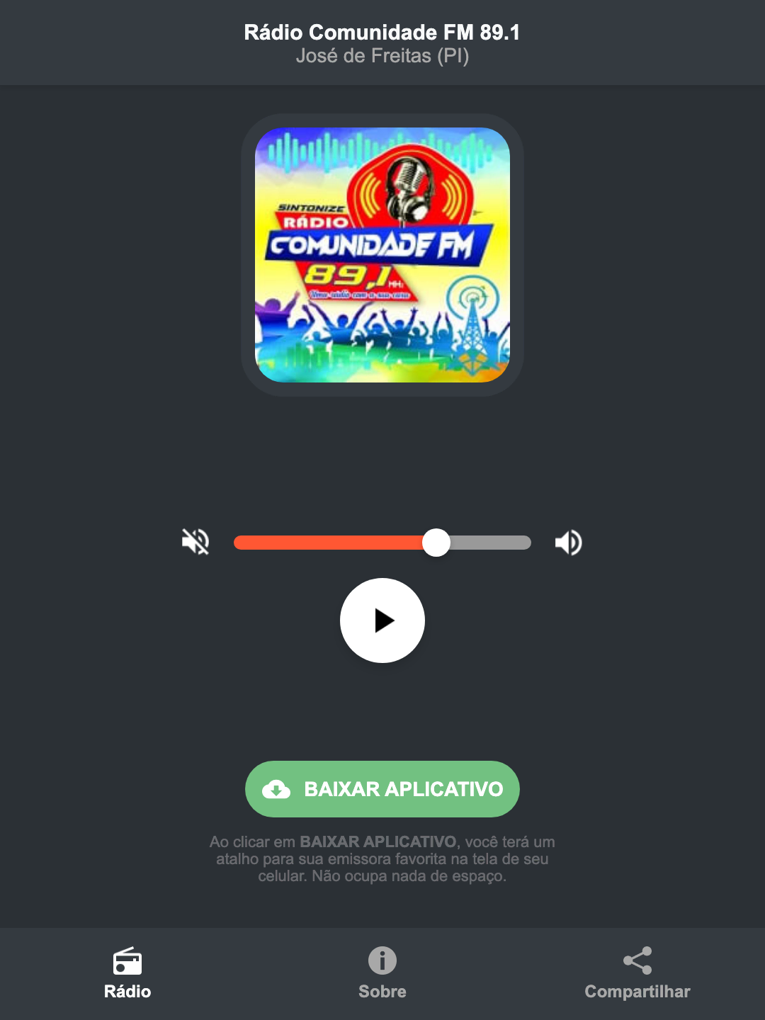 Screenshot do aplicativo da Rádio Comunidade FM 89.1