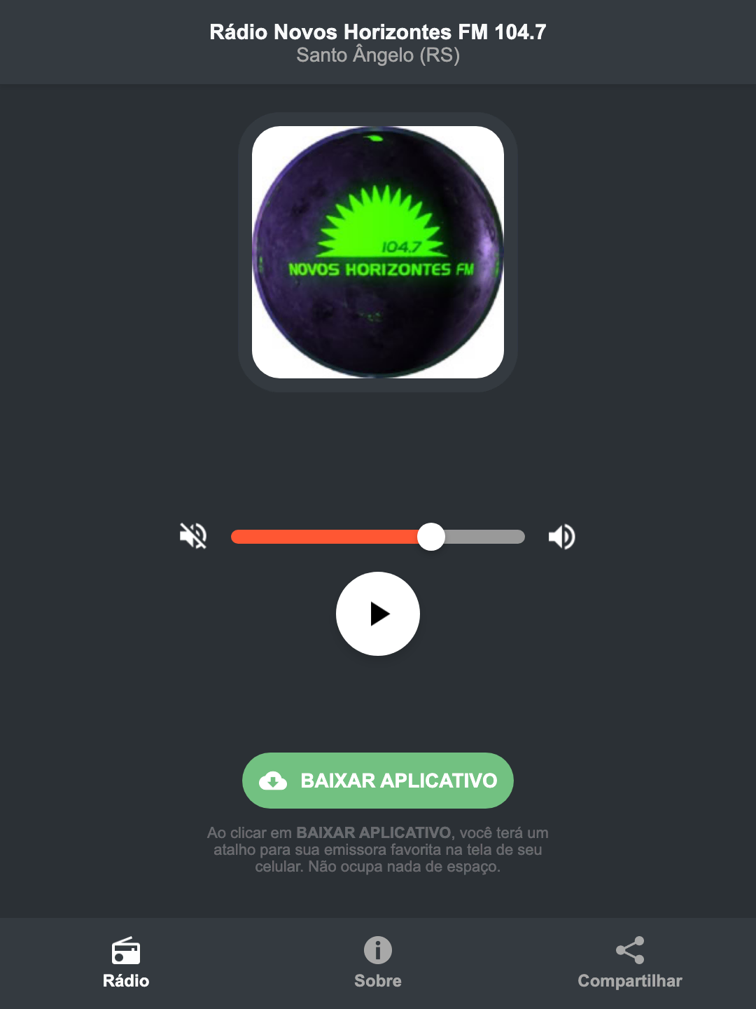 Screenshot do aplicativo da Rádio Novos Horizontes FM 104.7