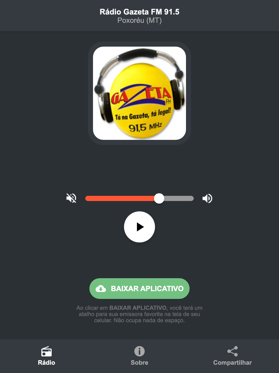Screenshot do aplicativo da Rádio Gazeta FM 91.5