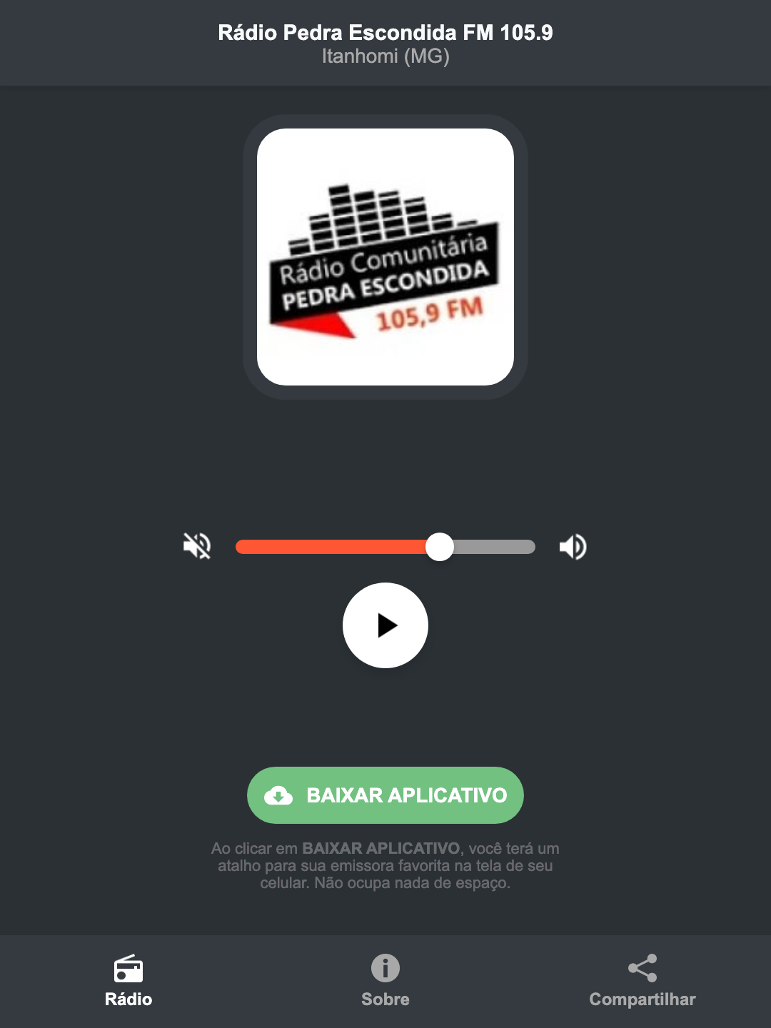 Screenshot do aplicativo da Rádio Pedra Escondida FM 105.9