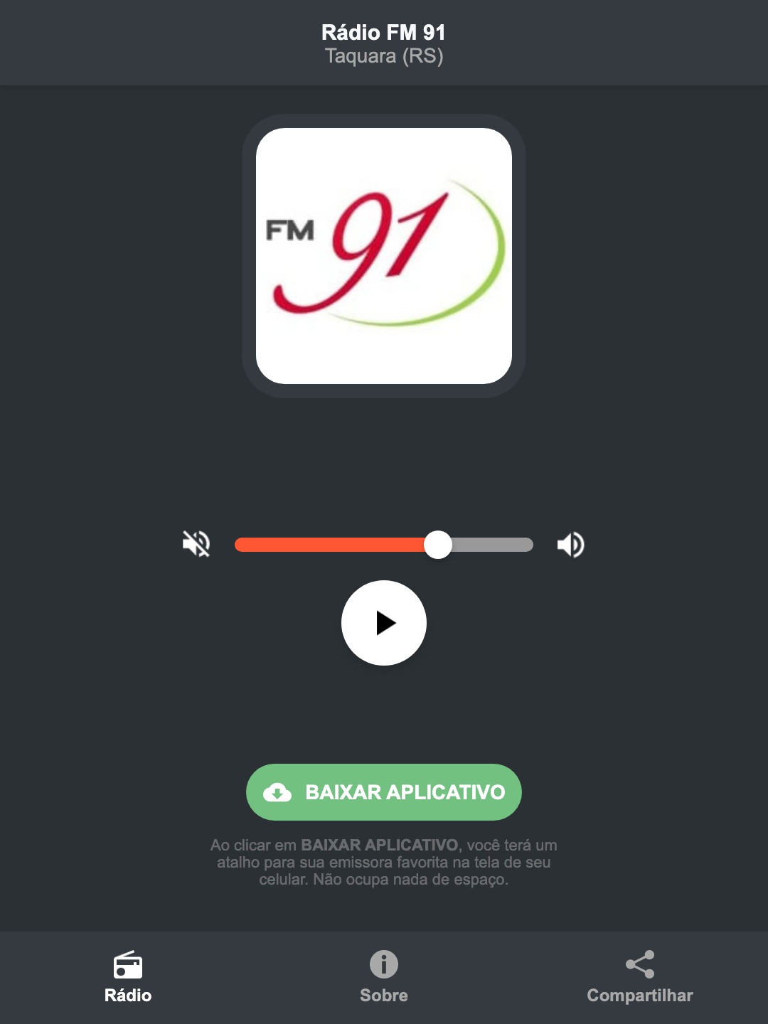 Screenshot do aplicativo da Rádio FM 91