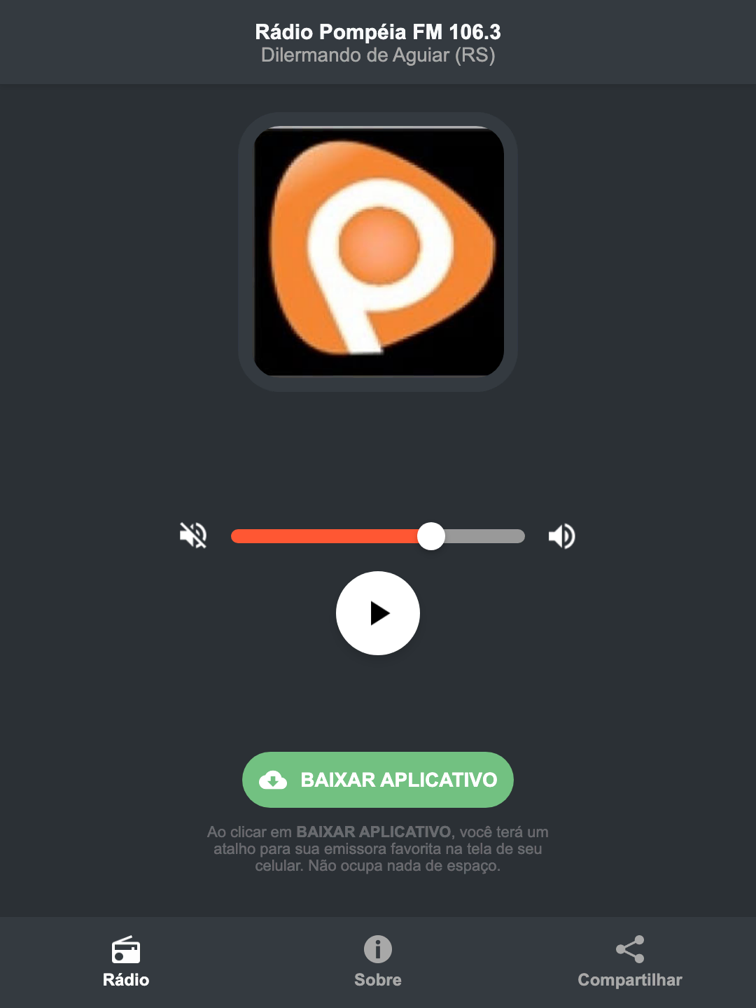 Screenshot do aplicativo da Rádio Pompéia FM 106.3