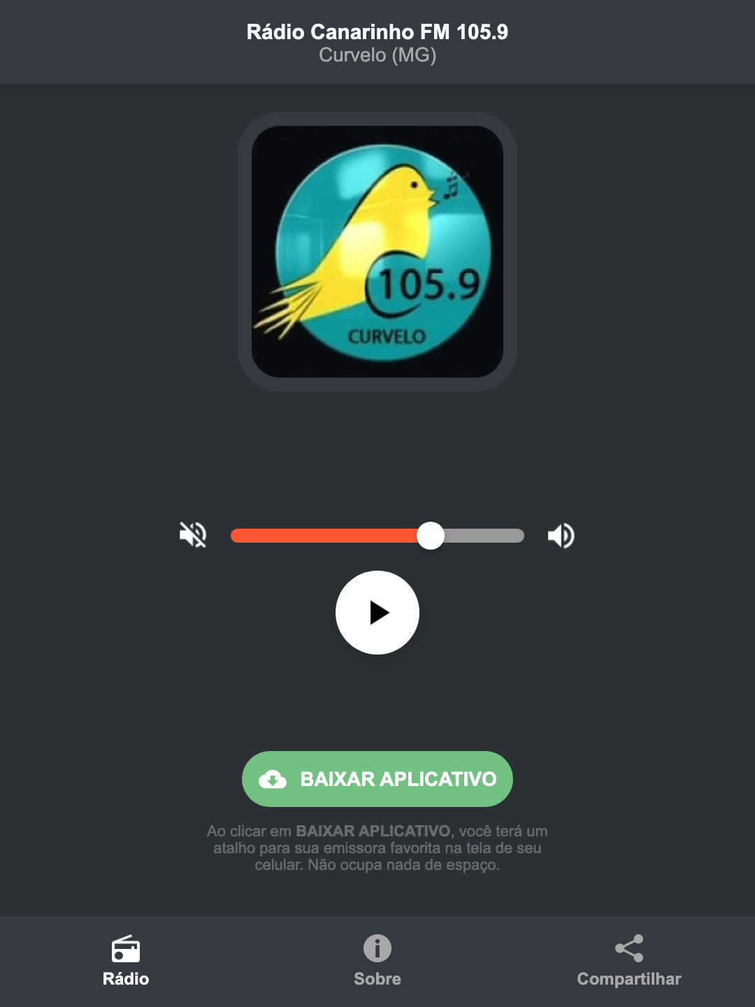 Screenshot do aplicativo da Rádio Canarinho FM 105.9