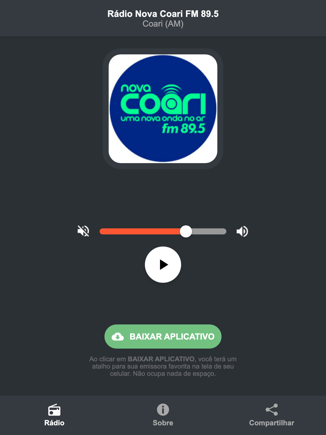 Screenshot do aplicativo da Rádio Nova Coari FM 89.5